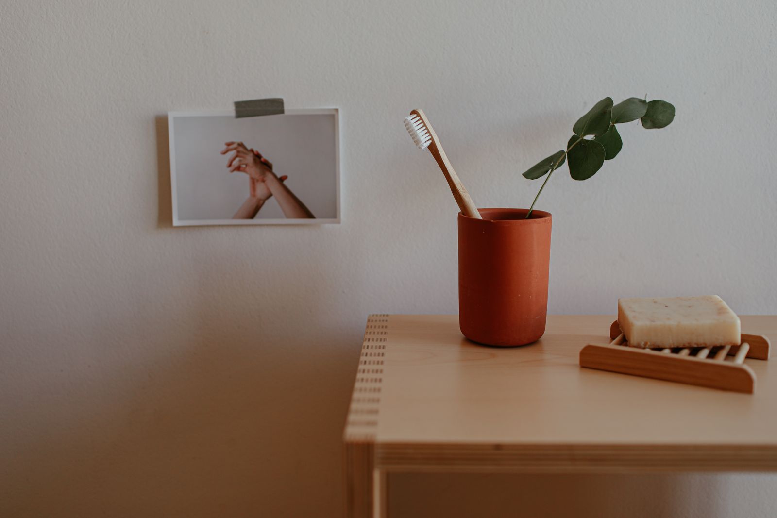 Minimal bathroom shelf with natural soap and a small plant